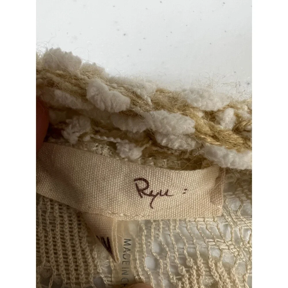 Ryu Women's Tan White Popcorn Long Open Cardigan With Tie Size S / M